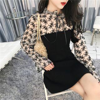 Set: Embroidered Long-sleeve Top + Strapless Dress