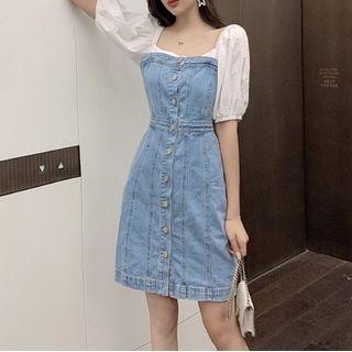Balloon-sleeve Paneled A-line Denim Dress
