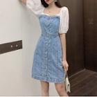 Balloon-sleeve Paneled A-line Denim Dress