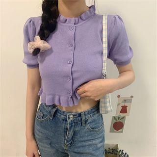 Short-sleeve Button-up Frill Trim Knit Top