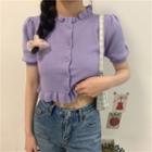 Short-sleeve Button-up Frill Trim Knit Top