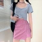 Short-sleeve Plain T-shirt / Plaid Mini Pencil Skirt
