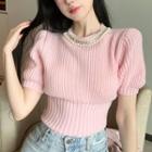 Details Pearl-trim Knit Crop Top Pink - One Size