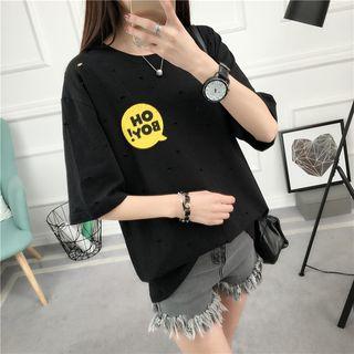 Printed Ripped Elbow Sleeve T-shirt