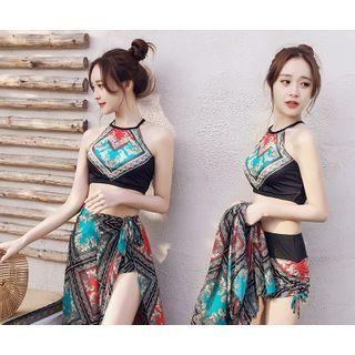 Set: Printed Spaghetti Strap Swim Top + Shorts + Cover-up Skirt