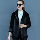 Long-sleeve Faux Furry Panel Pu Leather Zip Jacket