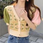Puff-sleeve Flower Print Knit Top Off-white - One Size