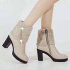 Fleece-lined Chunky Heel Faux Leather Short Boots