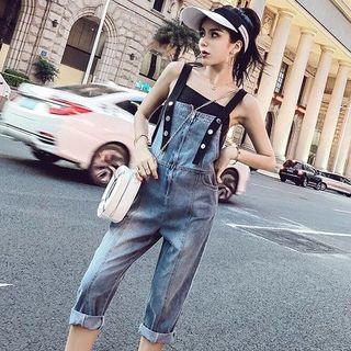 Set:plain Sleeveless Top + Denim Strappy Pants