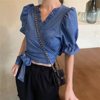 Balloon-sleeve Ruffled Denim Blouse