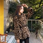 Faux-fur Leopard Print Jacket With Belt Brown - One Size