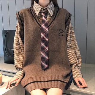 Set: Long-sleeve Plaid Shirt + Sweater Vest + Tie