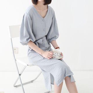 Elbow-sleeve V-neck Buttoned Dress With Sash