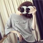 Elbow-sleeve Round Neck Lettering T-shirt