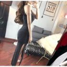Halter-neck Glitter Midi Sheath Dress