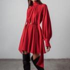 Bishop-sleeve Mock-neck Cutout Mini A-line Dress