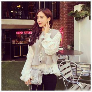 Set : Long-sleeve Lace Top + Woolen Vest