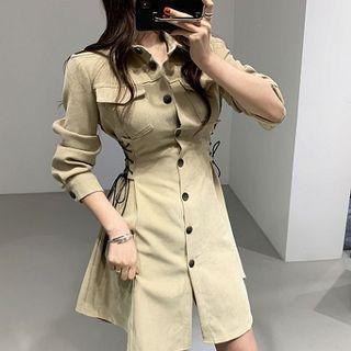 Plain Single-breasted Slim-fit High-waist A-line Long-sleeve Dress