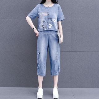 Set: Short-sleeve Denim Top + Capri Jeans
