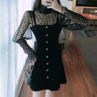 Set: Mesh Panel Long-sleeve A-line Mini Dress + Slipdress