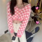 Cropped Checker Print Cardigan Pink - One Size
