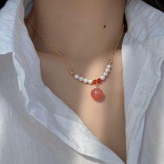 Beaded Necklace 1pc - Gold & White & Pink - One Size