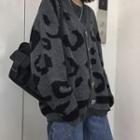 V-neck Leopard Print Cardigan Gray - One Size