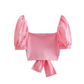 Short-sleeve Square Neck Knit Panel Crop Top