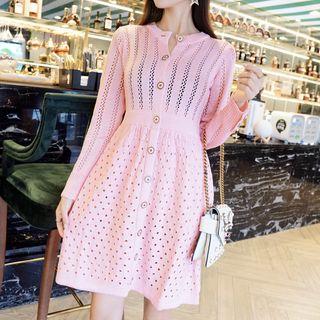 Buttoned Pointelle Knit A-line Dress
