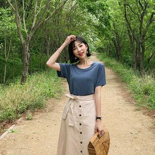 Beribboned Linen Long A-line Skirt