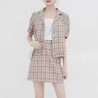 Set: Plaid Short-sleeve Blazer + Mini A-line Skirt
