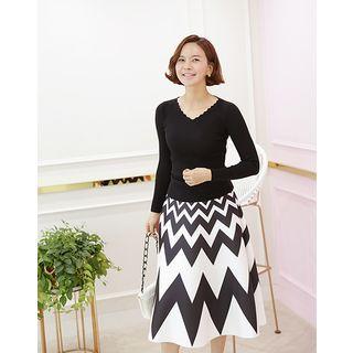 Set: V-neck Knit Top + Midi Chevron Skirt