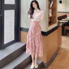 Puff-sleeve Plain Blouse / High-waist Floral Layered Dress