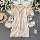 V-neck Embroidered Lantern-sleeve Dress