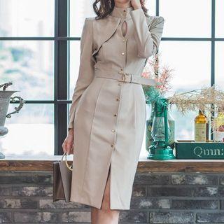 Long-sleeve Cutout Stand Collar Sheath Shirtdress