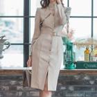 Long-sleeve Cutout Stand Collar Sheath Shirtdress