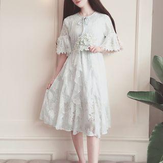 Bow Elbow-sleeve Lace Dress