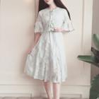 Bow Elbow-sleeve Lace Dress