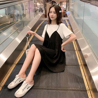Short-sleeve Mock Two-piece Shift Dress Black - One Size