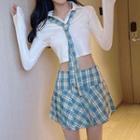 Cropped Polo Shirt With Necktie / Plaid Mini A-line Skirt / Set