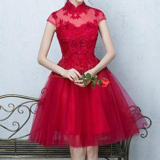 Mandarin Collar Short-sleeve Embroidered Cocktail Dress