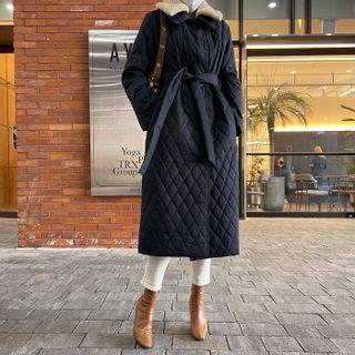 Detachable Dumble-collar Quilted Coat With Sash