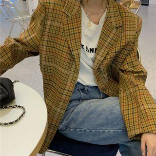 Plaid Single-breasted Blazer Plaid - Brown - One Size