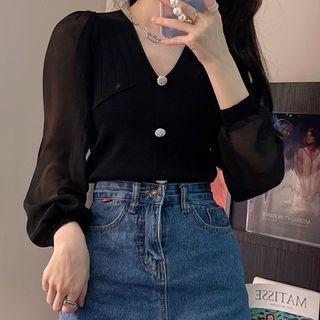 Long-sleeve Mesh Panel V-neck Knit Top