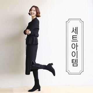 Set: Drawstring-waist Ribbed Knit Top + Band-waist Slit-side Skirt