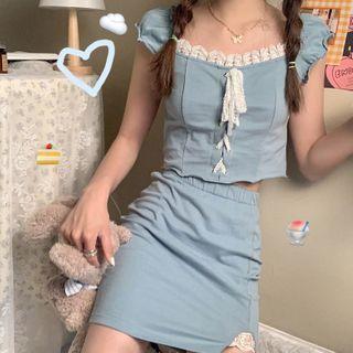 Set: Short-sleeve Lace-up Blouse + A-line Skirt Set - Blue - One Size
