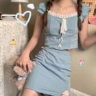 Set: Short-sleeve Lace-up Blouse + A-line Skirt Set - Blue - One Size