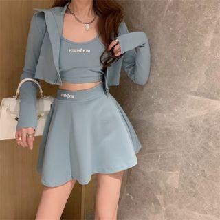 Lettering Crop Camisole Top / A-line Skirt / Zip Jacket