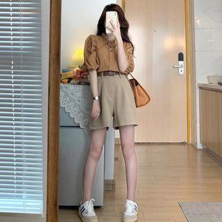 Puff-sleeve Striped Blouse / High Waist Wide Leg Shorts / Set
