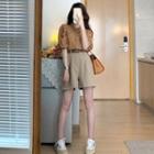 Puff-sleeve Striped Blouse / High Waist Wide Leg Shorts / Set